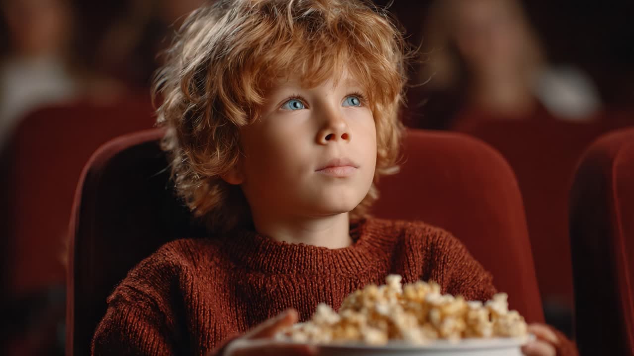 A Young Child Eagerly Watching a Movie in a Theater with Popcorn, Capturing the Innocence and Anticipation of the Cinematic Experience
