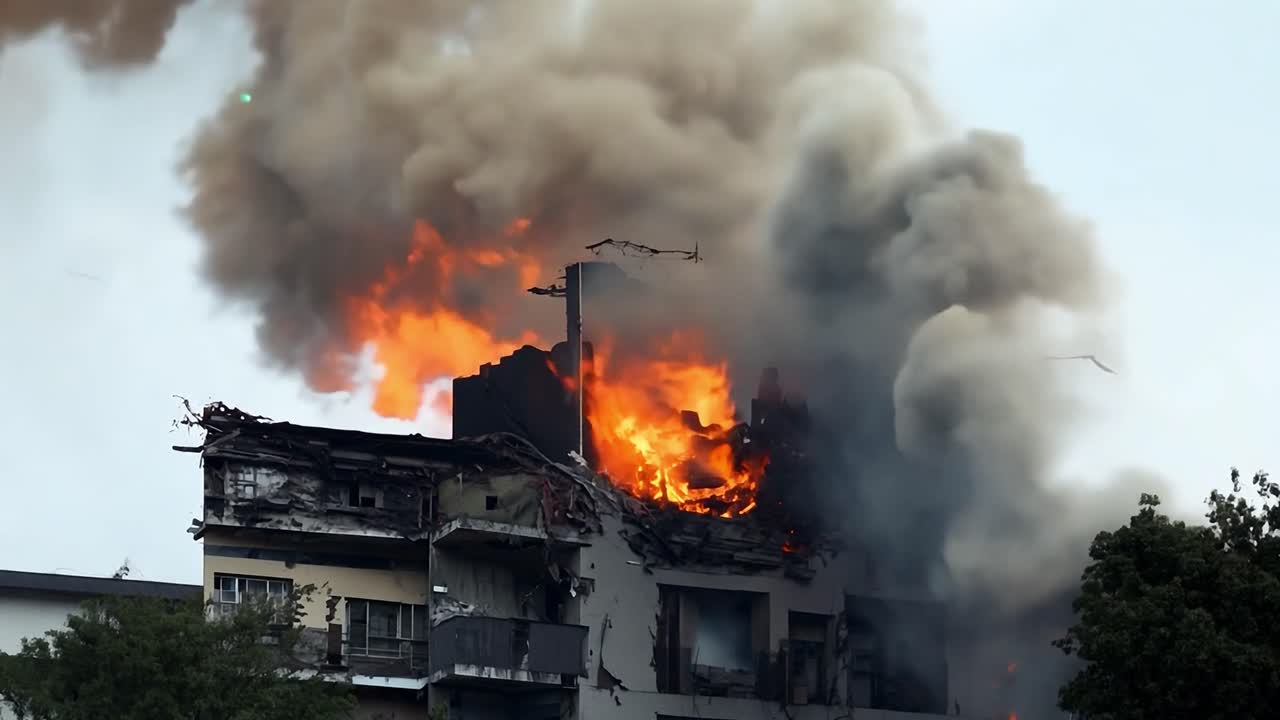 Building engulfed in flames releases thick smoke into the sky, creating a scene of destruction and danger
