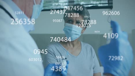 animation of statistic numbers and masked woman with doctor holding vaccine vial