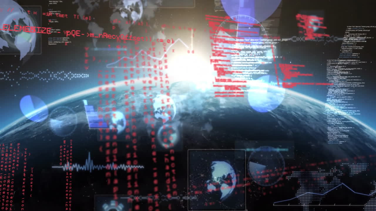 Animation of digital data and graphs overlaying Earth view from space