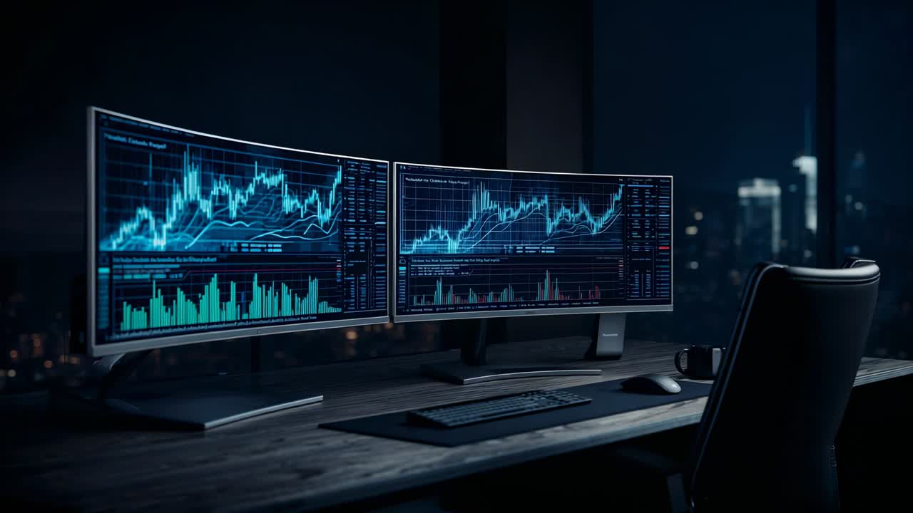 Stationary dual-monitor workstation displaying market data in office at night, with coffee mug