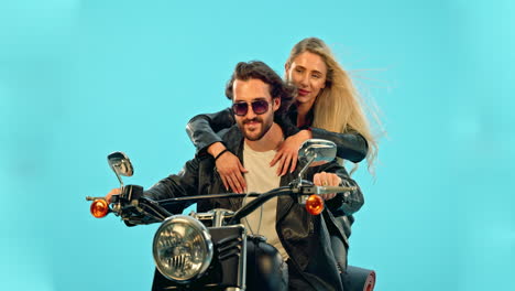 travel, blue background and couple on motorcycle