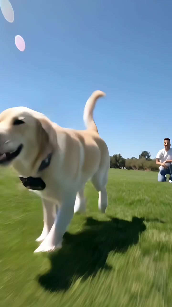 Video verticale: Uomo inginocchiato in maglietta bianca che fissa una telecamera da colletto per filmare, cane che corre verso l'obiettivo nel parco