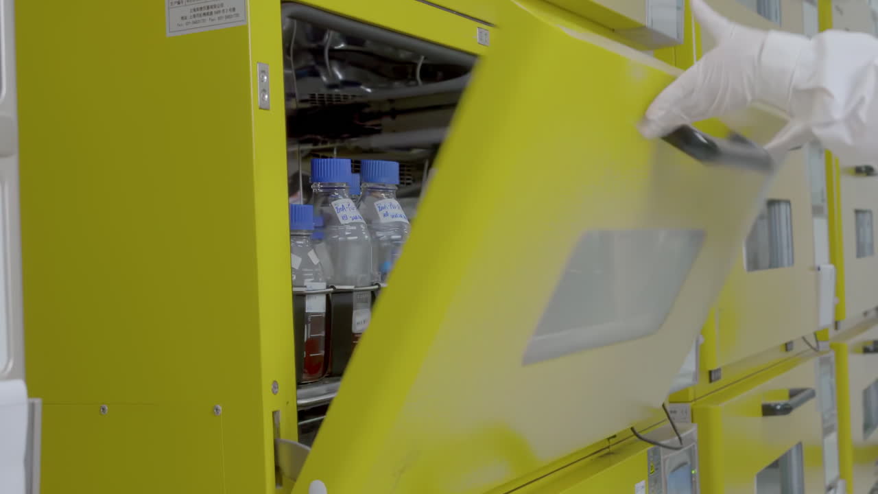Scientists or technicians pickup samples from centrifuge machine to analyzing. Advanced research lab with modern equipment. Drug or vaccine development in professional biotechnology laboratory