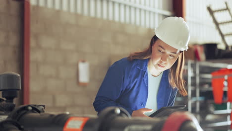 Tablet,-industry-and-machinery-with-an-asian-woman