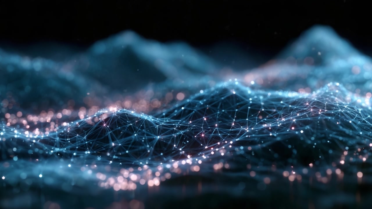 A Stunning Visualization of Abstract Digital Landscapes, Featuring Intricate Networks of Light and Colorful Bokeh Against a Dark Background
