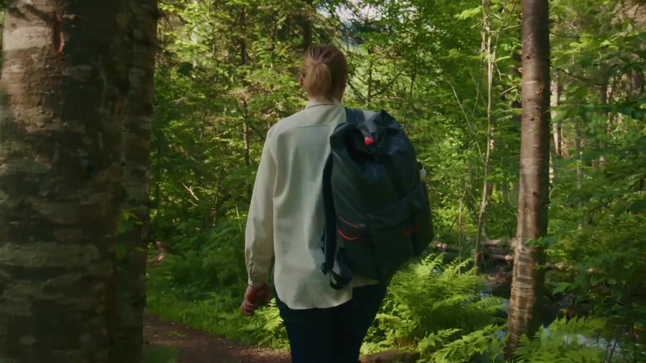 Person walks through dense forest with backpack. Sunlight filters through tall trees. Trail winds past ferns and greenery. Calm, peaceful atmosphere invites exploration
