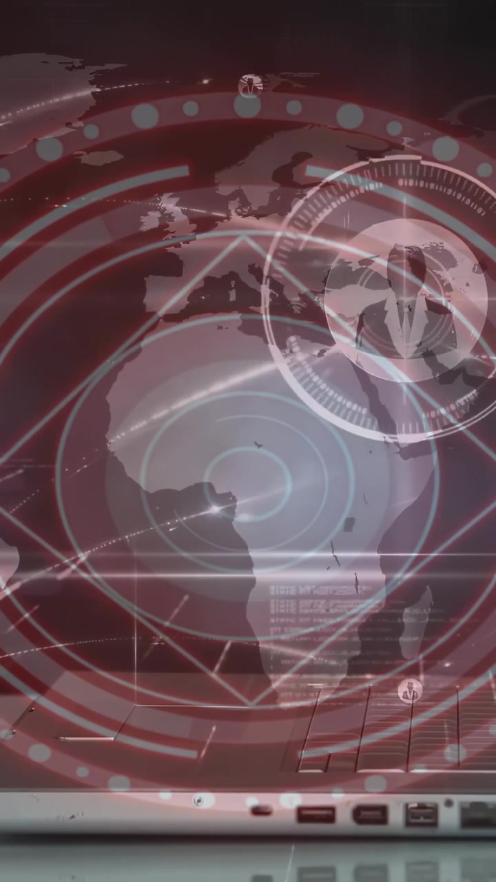 Vertical video: Red map projecting HUD while hand swiping, avatars connecting business network