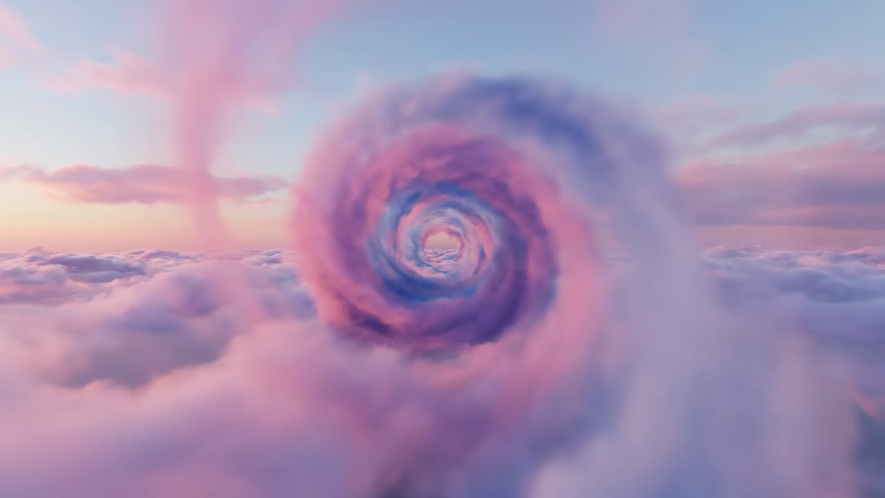 A dreamy tunnel through pink and blue clouds