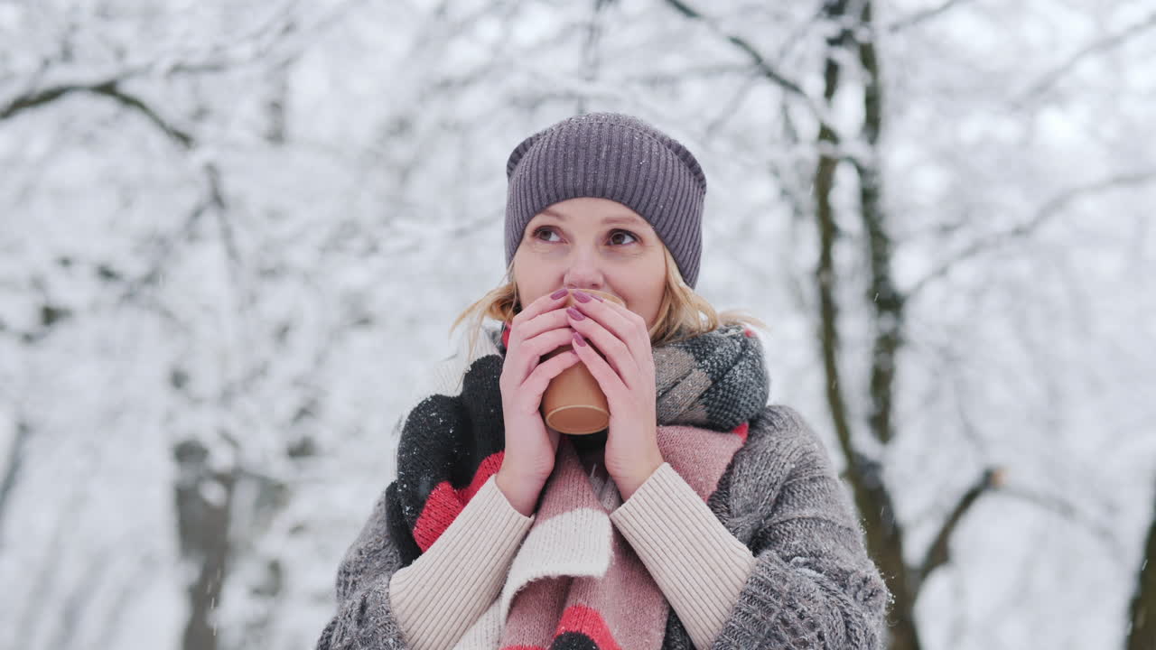 여자는 겨울 공원에서 뜨거운 ay로 워밍업