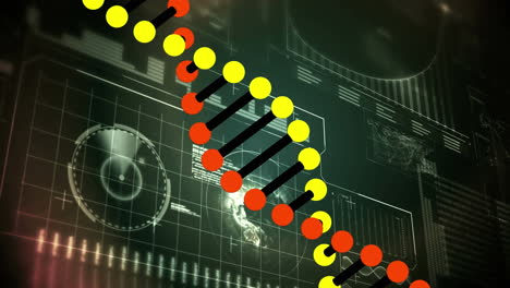 animation of dna strand turning over interface with information and data processing