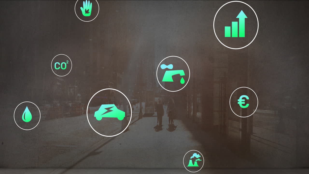 Urban street scene with animation of environmental icons and data graphics overlay