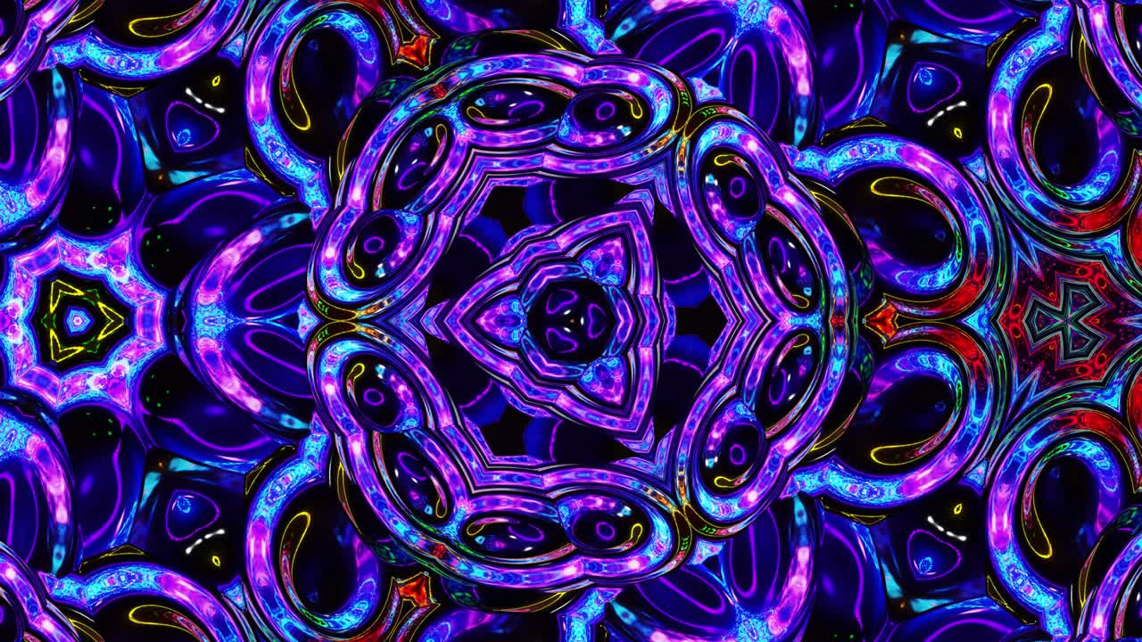 Motivo simmetrico iridescente liquido come un caleidoscopio con onde. Sfondo astratto 3D elegante e in loop, struttura ondulata di vetro liquido brillante con bellissimi colori sfumati. 4K