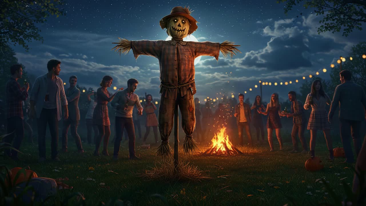 An Enchanting Harvest Festival Scene Featuring a Spooky Scarecrow Surrounded by Revelers in a Moonlit Environment, Celebrating Under Glowing Lanterns by a Cozy Bonfire