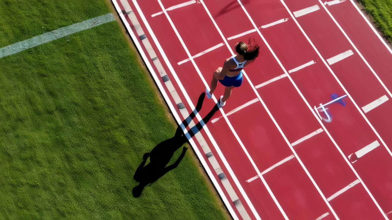 Aerial view of a woman running on a red track