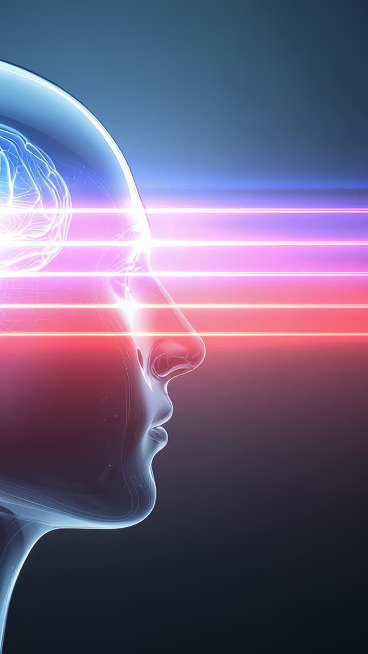 Vertical video: Showing head as light beams crossing neural brain on dark background, copy space
