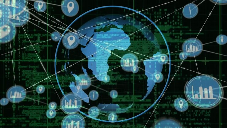 Animation of network of connections with icons over globe and data processing on black background
