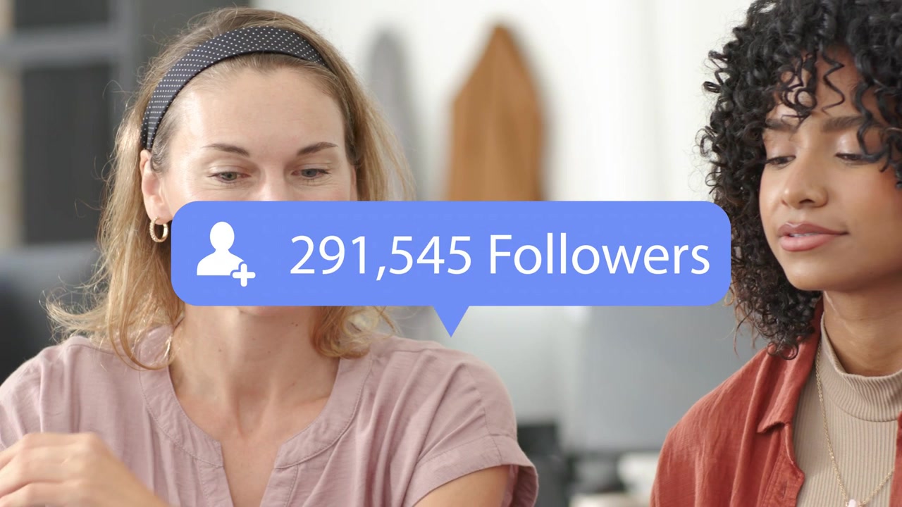 Team viewing blue bubble making rising counts over faces, camera showing curly peer for marketing