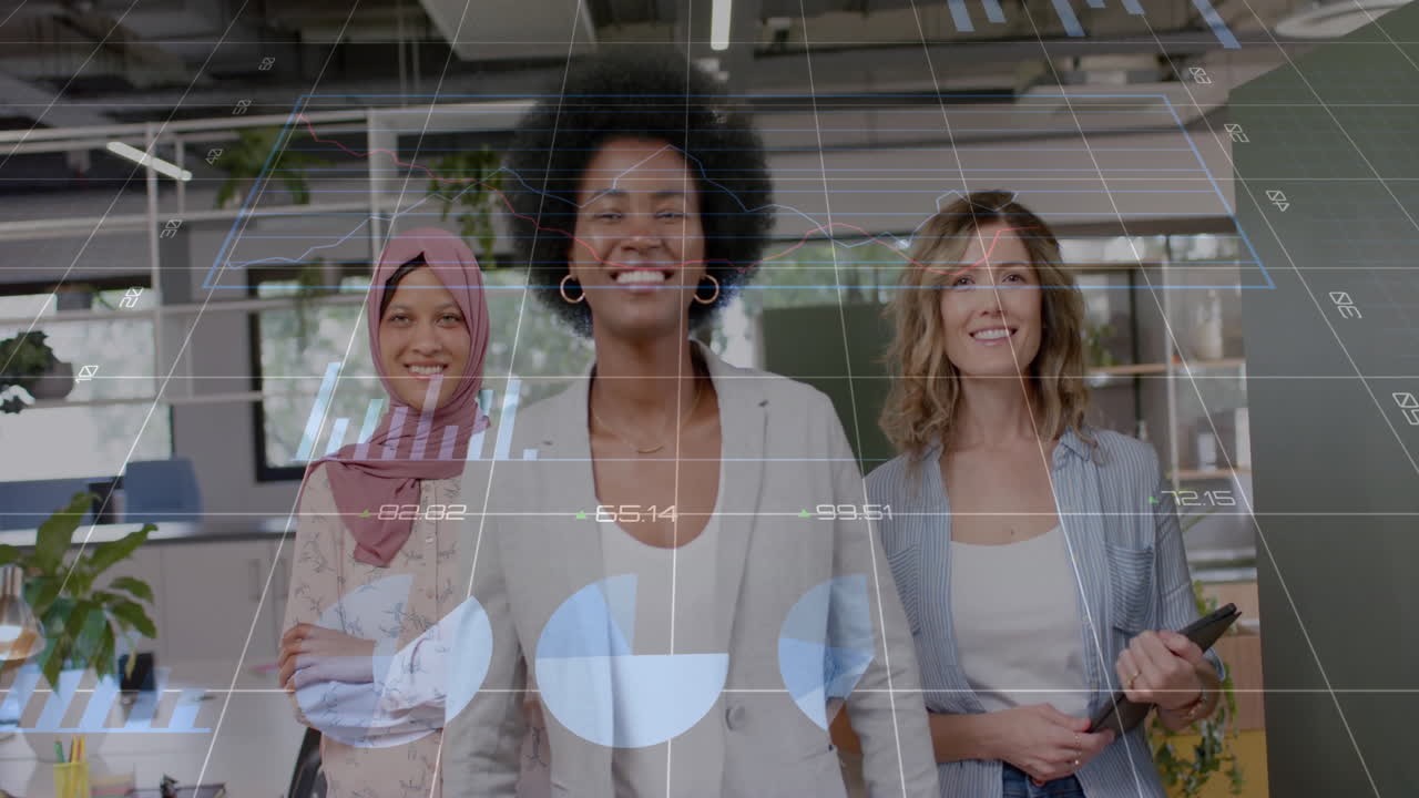 Animation of financial data processing over diverse business people in office