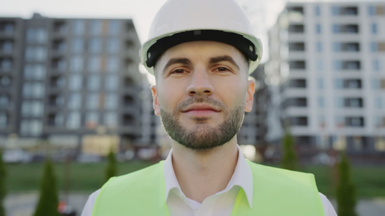 Close-up portrait of a male engineer or architect in a hard hat and safety vest