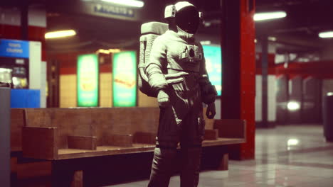 astronaut in urban subway station at night with neon light reflections