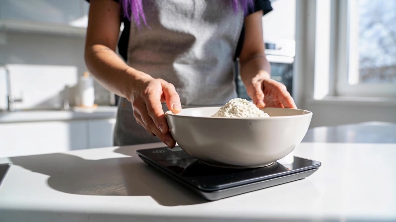 Placing bowl of flour, baker wearing apron checking weight for baking at kitchen counter