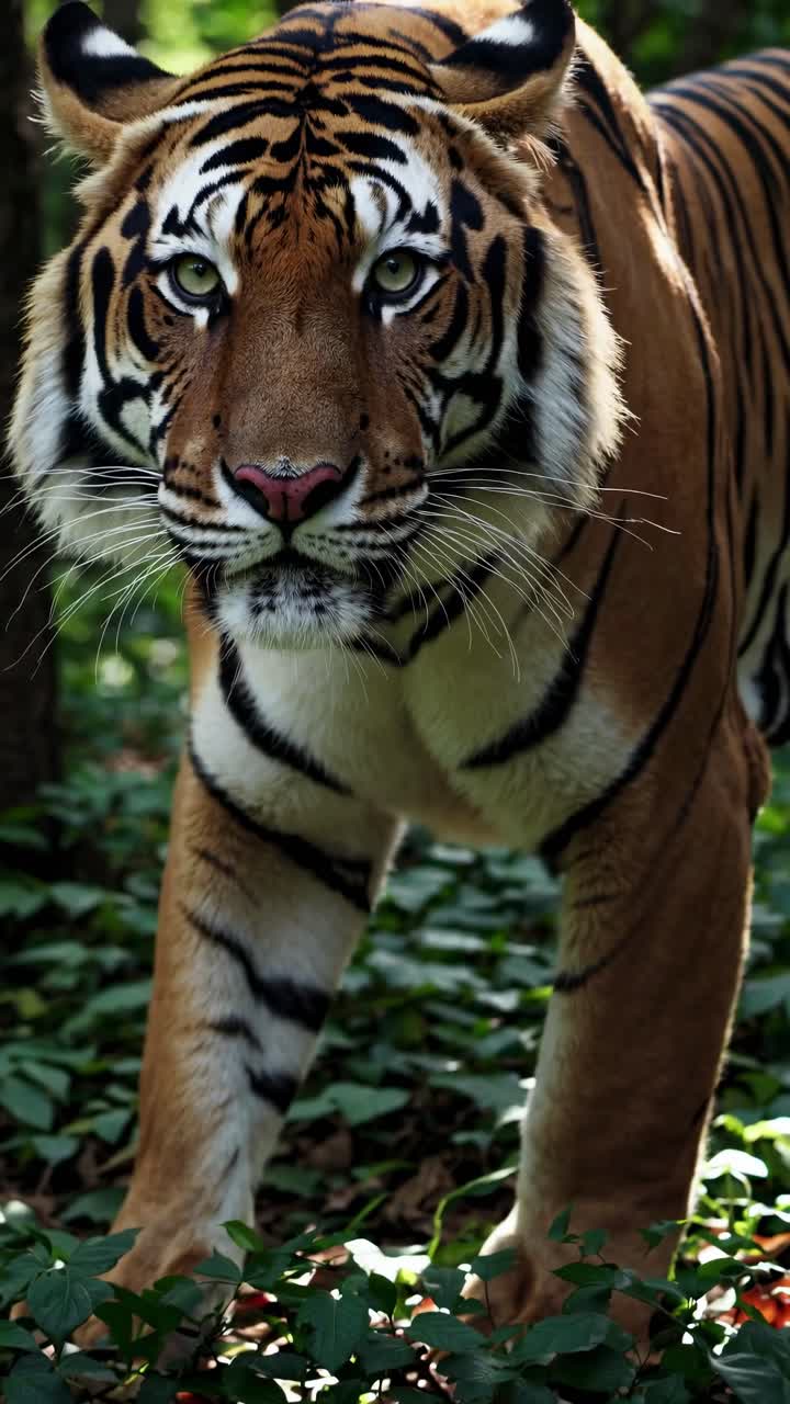 Close-up, eye-level shot of a tiger walking through a forest, capturing its intense gaze