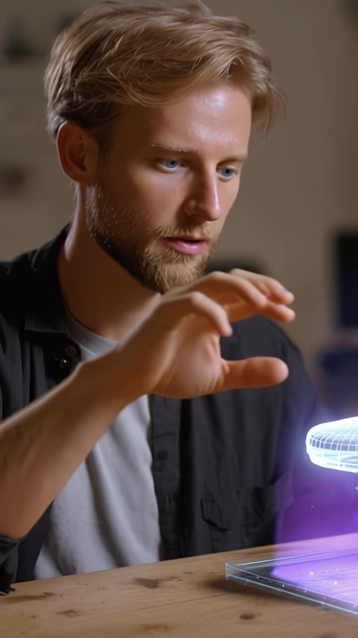 En ung mand interagerer med et futuristisk holografisk display, der viser avanceret teknologi og interaktive digitale oplevelser i et hyggeligt miljø