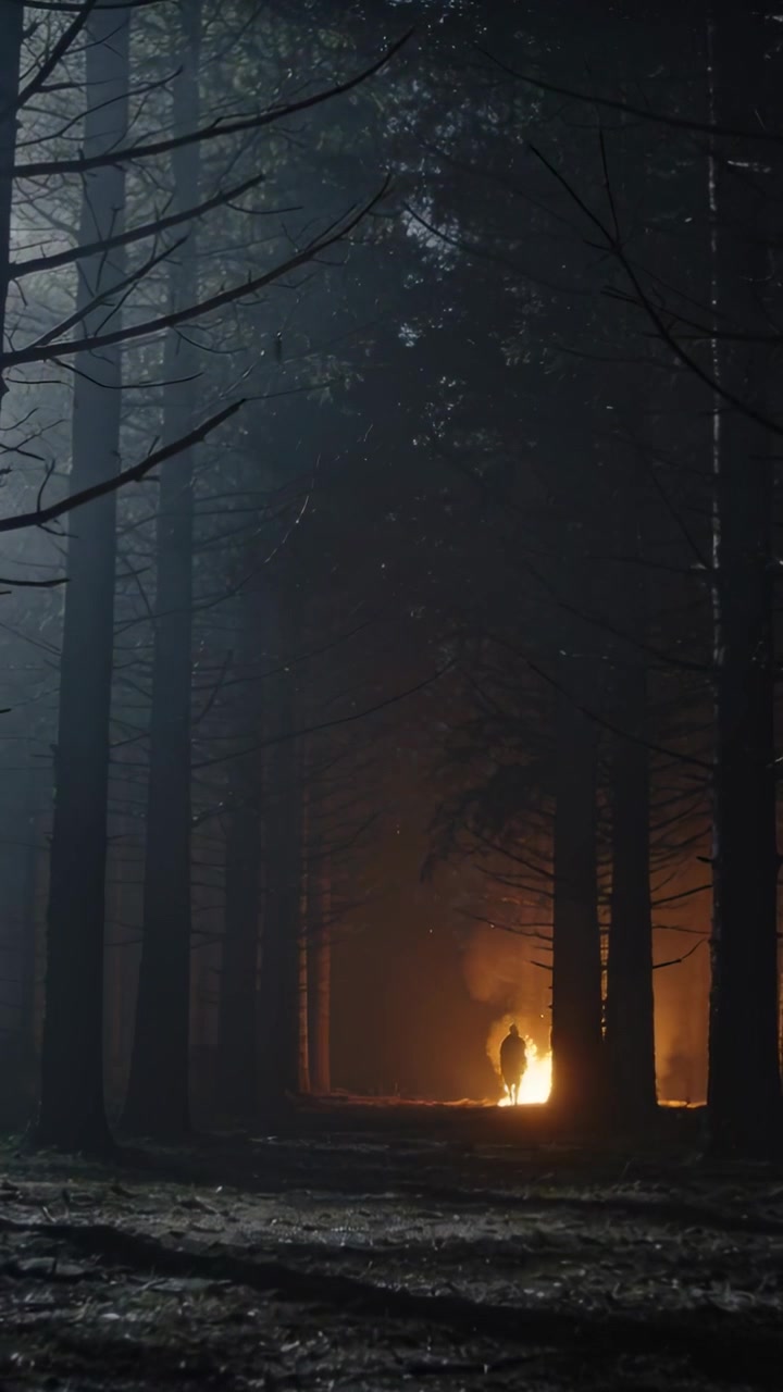 Video verticale: Persona incappucciata che si muove alzando una torcia vicino a un falò nel bosco, fumo, tronchi, spazio per il testo
