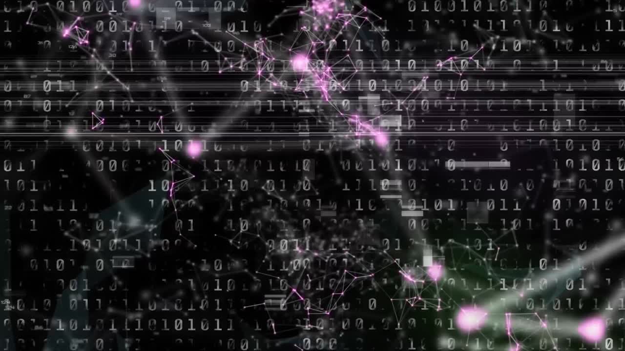 어두운 배경에서 qr 코드 데이터 처리 및 연결 네트워크의 애니메이션