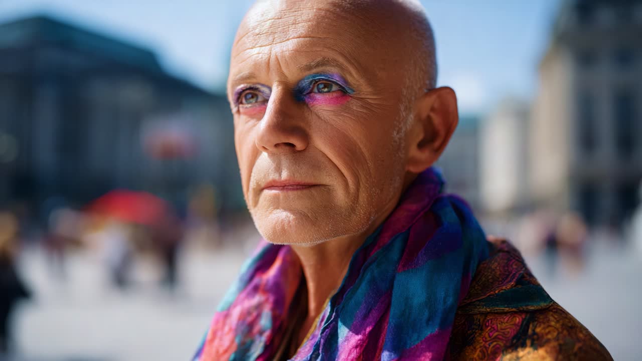 Un ritratto sorprendente di un uomo con un trucco occhi colorato e una sciarpa vivace, che mostra individualità ed espressione su uno sfondo urbano animato