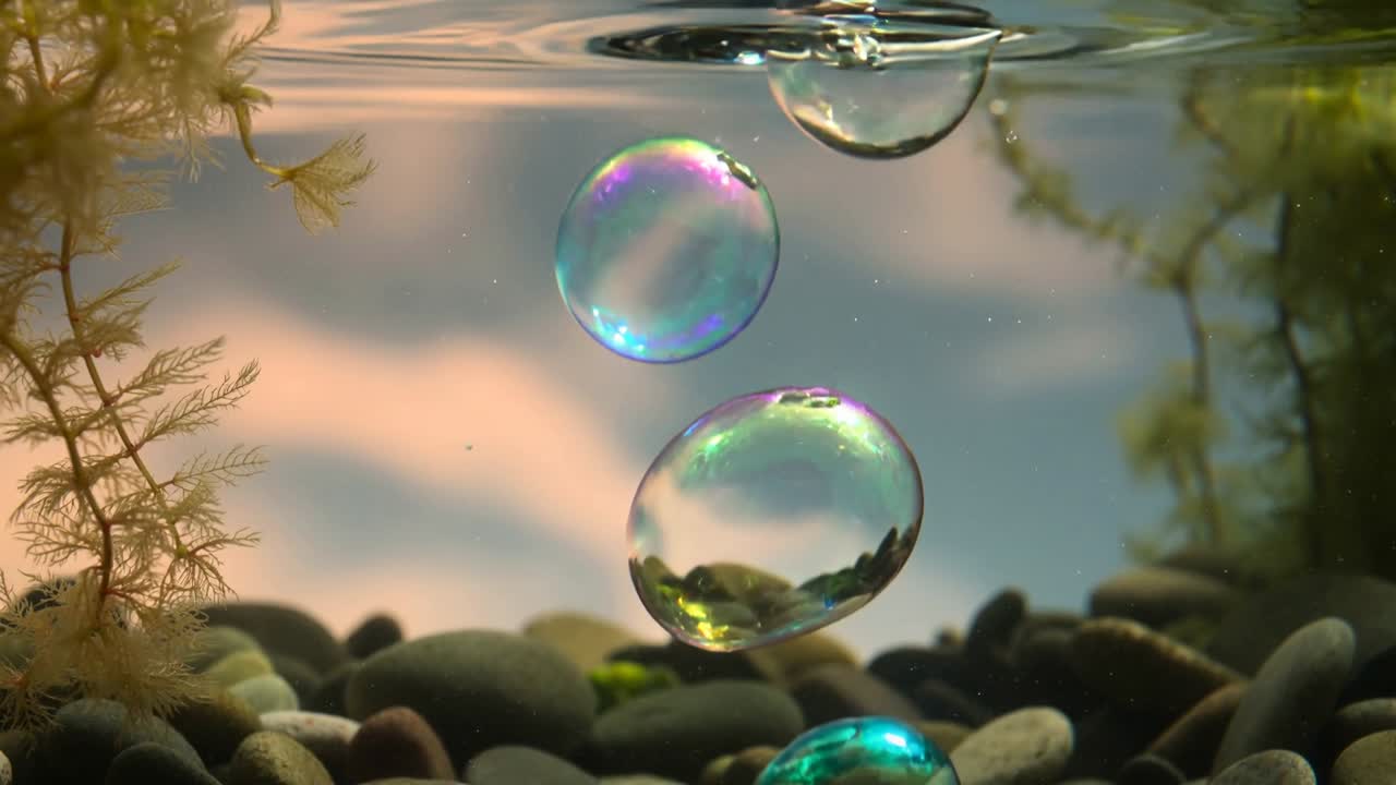 Lucht stijgt op uit grindbed en stuurt regenboogbellen door beplant aquarium, voor de wetenschap