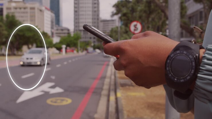 Animation of network of icons over african american woman using smartphone