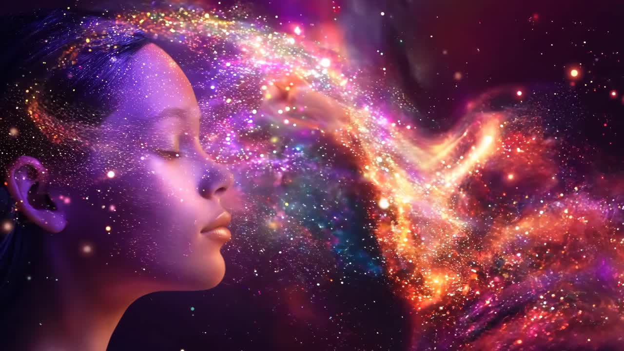 A woman's face is surrounded by a cloud of glittering stars. Concept of wonder and magic, as if the woman is in a dreamlike state. The glittering stars seem to be floating around her