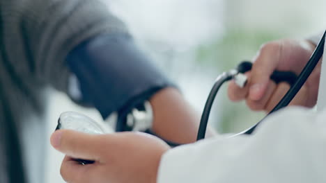 doctor, patient and hands with blood pressure