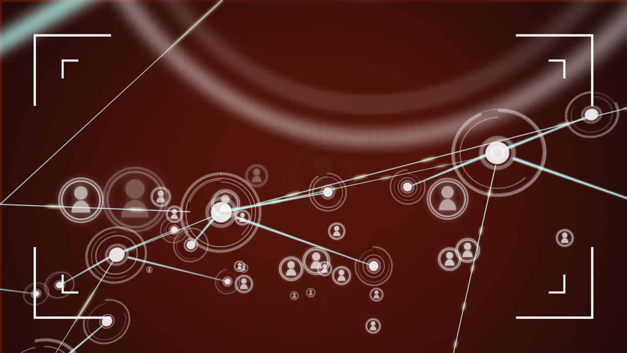 ⁇ 색 범위와 연결된 사람들의 네트워크의 애니메이션 아이콘이 어두운 빨간색 배경에 움직입니다.
