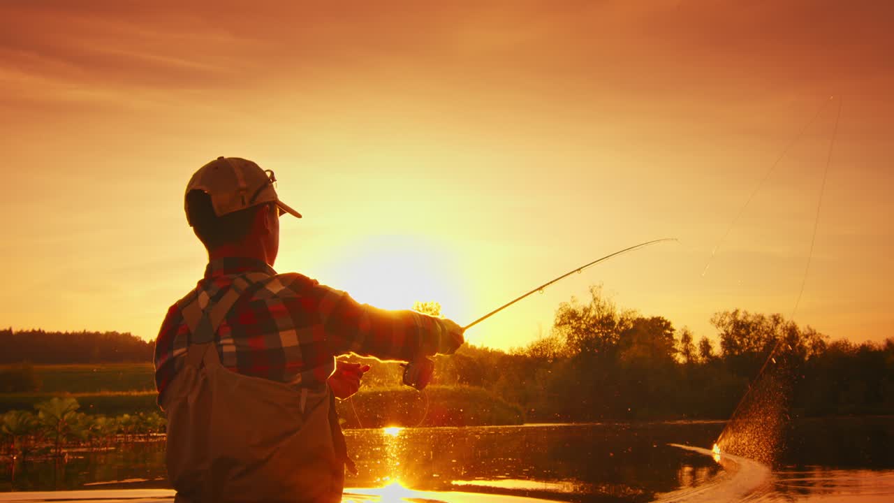 la pesca con mosca. el pescador aficionado realiza un lanzamiento de rollo en el río tranquilo al atardecer. el pescado con mosca lanza la línea y pesca en el río