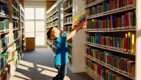 young boy reaching for a book on a high shelf in a library