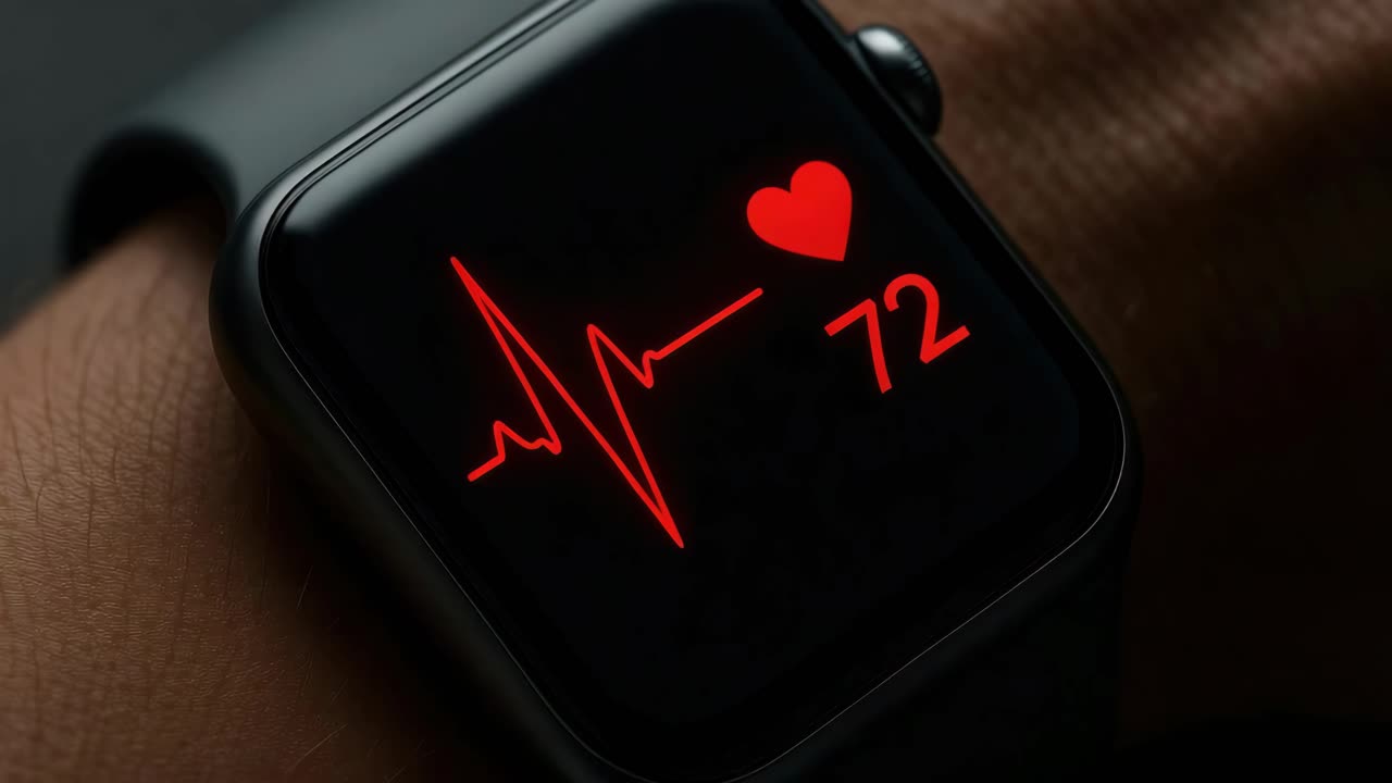 Close-up of a smartwatch displaying a heart rate monitor with a red heart icon