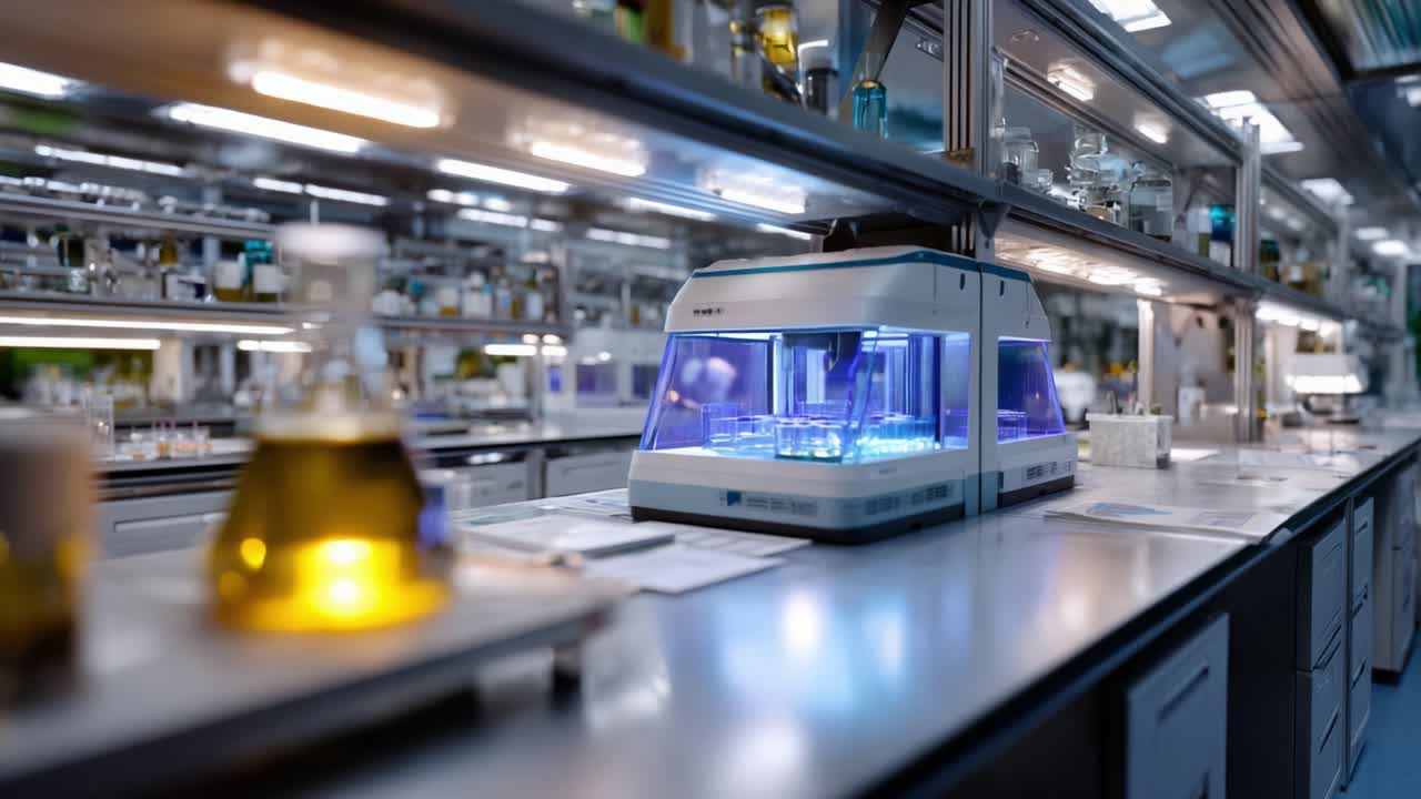 Advanced Laboratory Equipment Showcasing Innovative Technology in a Modern Research Environment with Beakers and Test Tubes in a High-Tech Scientific Setup