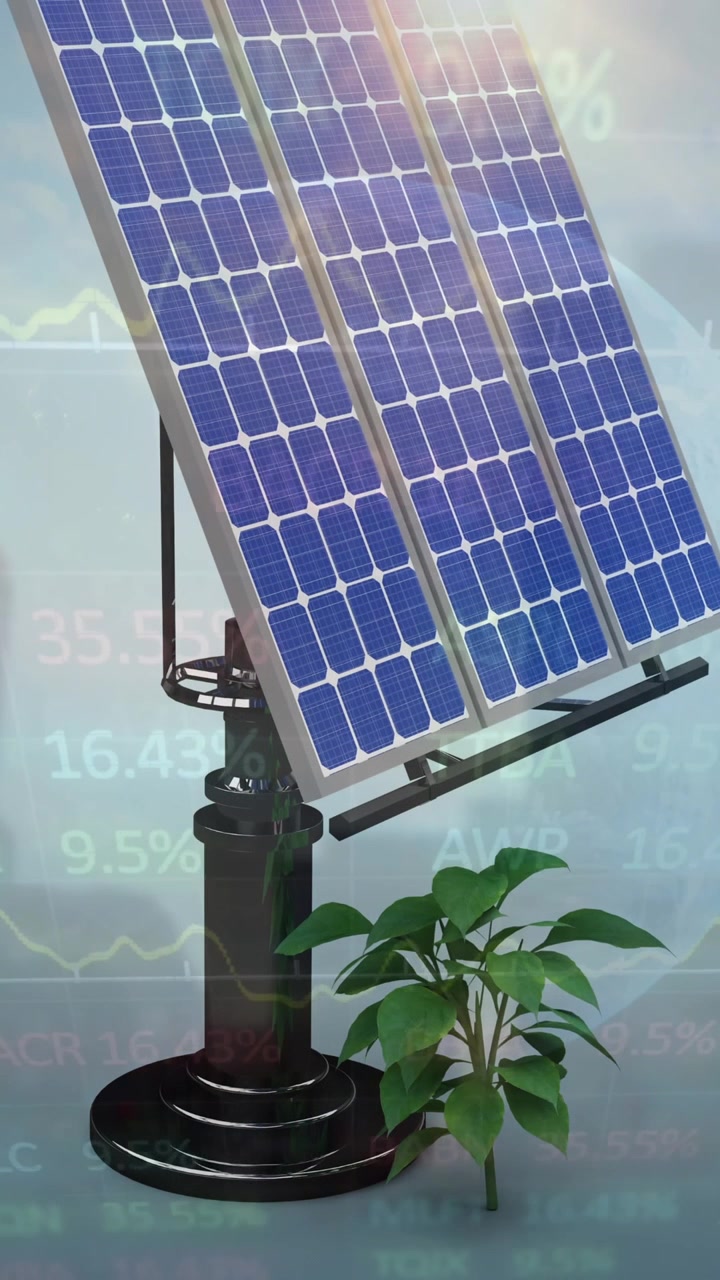 Animazione di elaborazione dati finanziari su un pannello solare su sfondo di paesaggio urbano