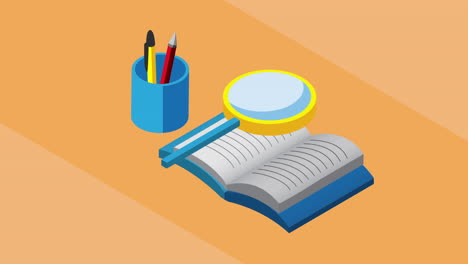 libro abierto con soporte de bolígrafo y lupa