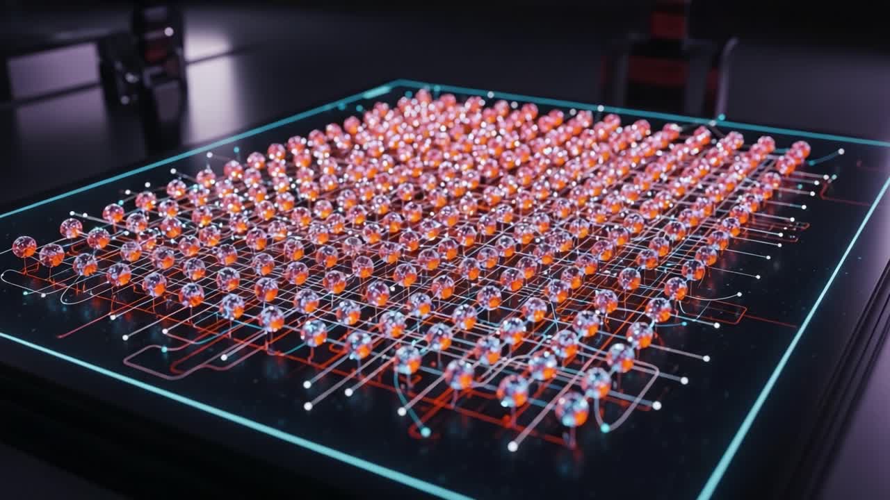 A Stunning Visual Transition of a Molecular Grid Showcasing Shifts in Color and Structure from an Intricate Design to a Vibrant Display of Interaction and Technology