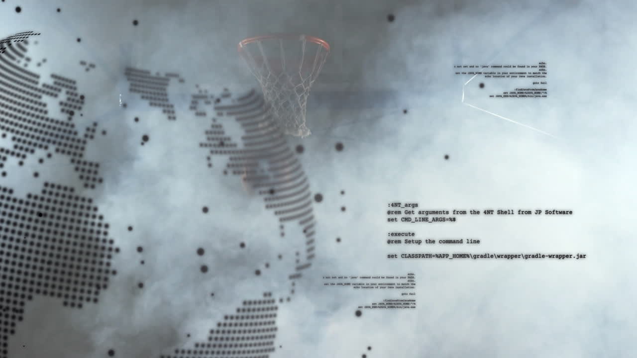 Emerging through fog, basketball hoop with digital animation and code overlay