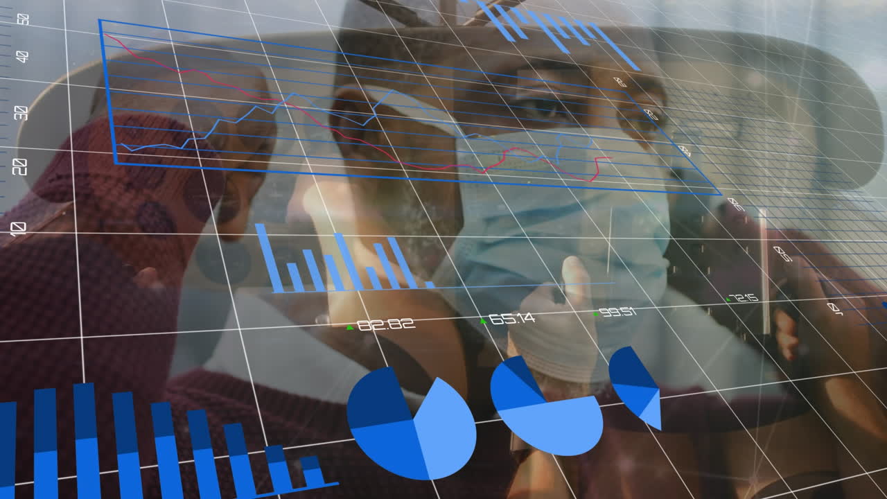 animación de gráficos financieros y dólares sobre hombre afroamericano con máscara facial