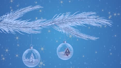 animation of christmas tree with christmas balls over snow falling on blue background