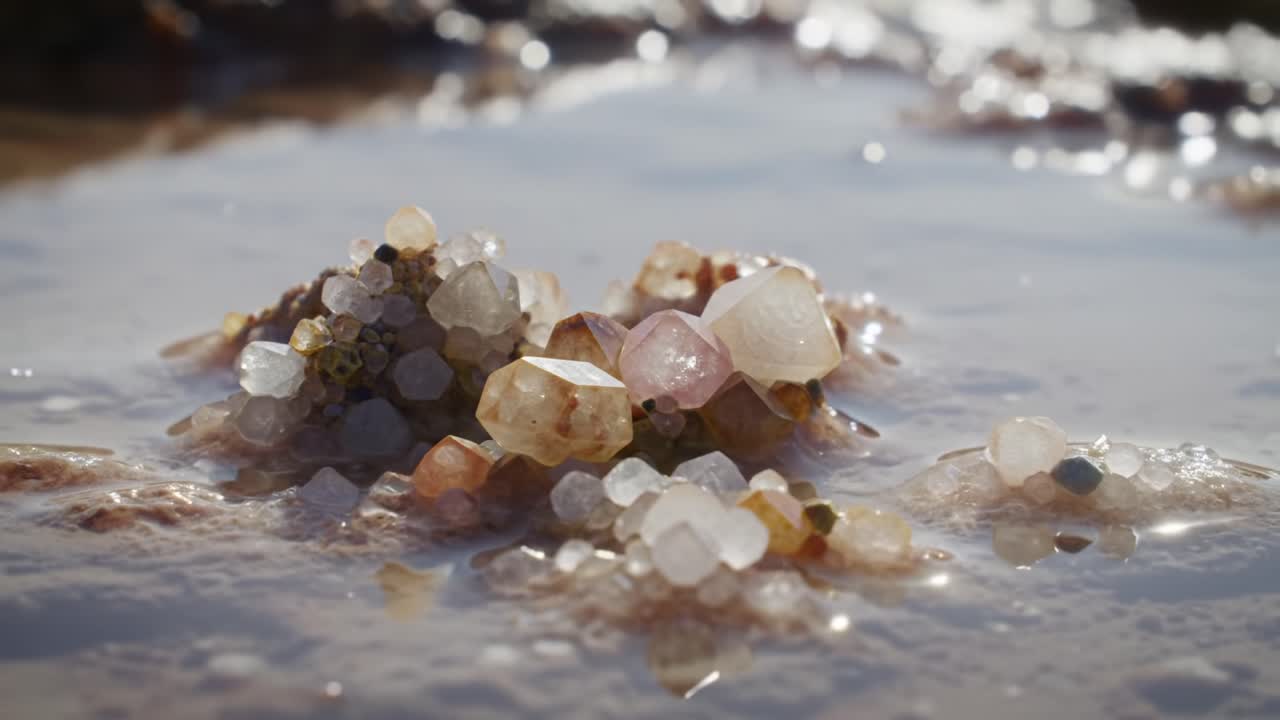 Exploring Shimmering Crystals and Stones by the Ocean Shore at Sunset