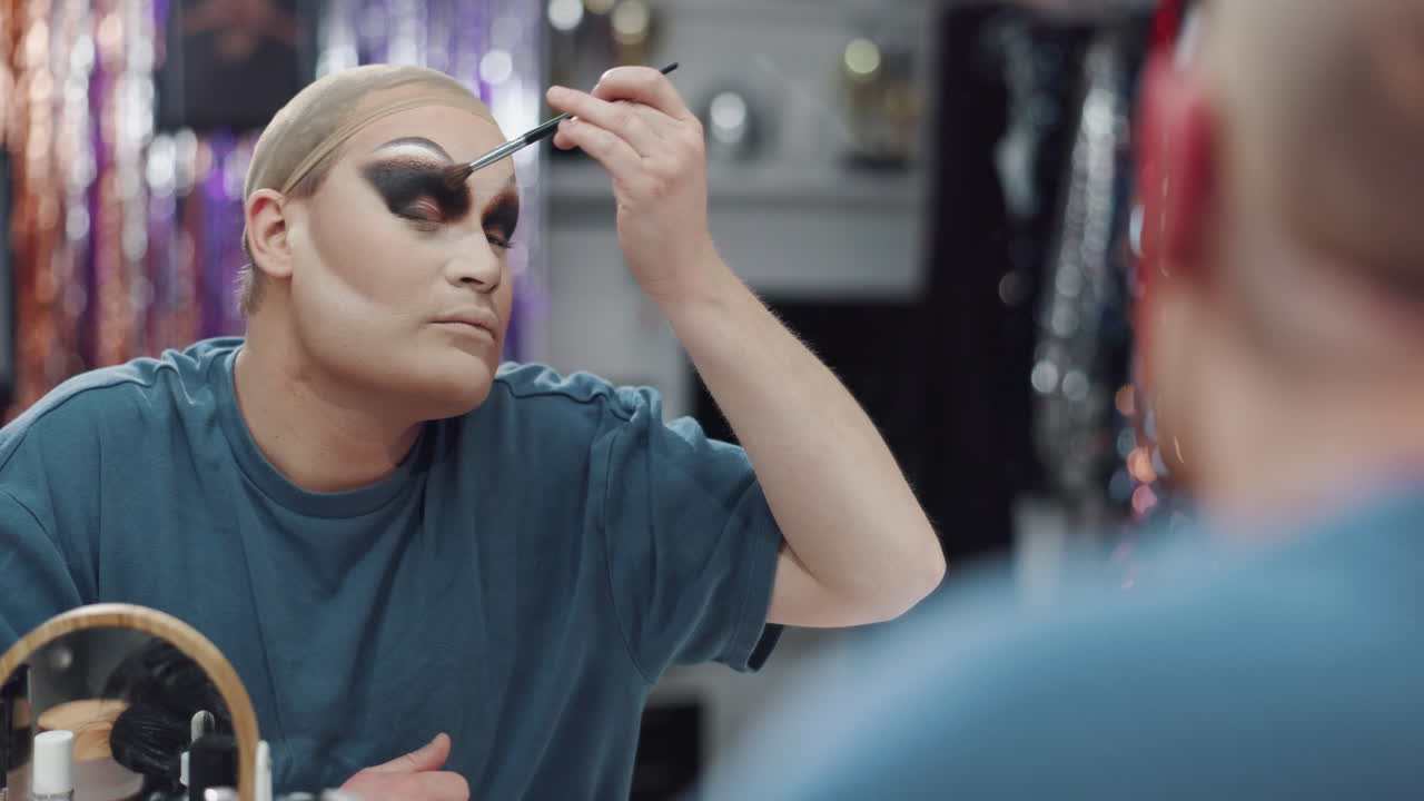 Drag queen applying makeup in front of mirror