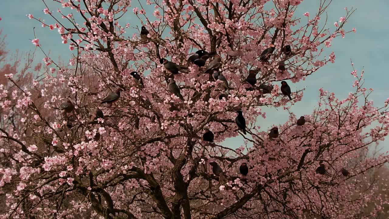Stormo di piccoli uccelli scuri che si alza improvvisamente da un albero in fiore in un parco, una leggera brezza che smuove i petali