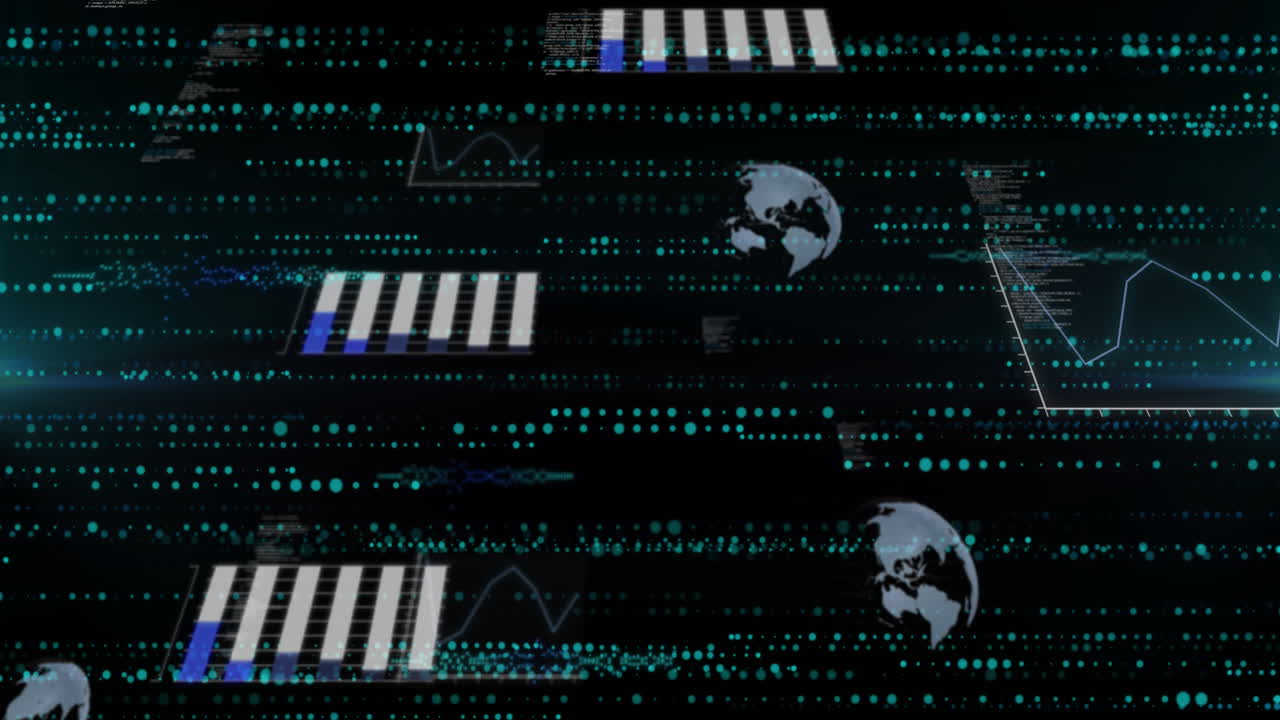 Digital data charts and globe graphics over network of connections animation